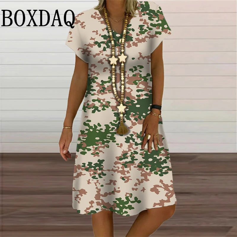 Camouflage Print Midi Dress V-Neck Summer Clothing