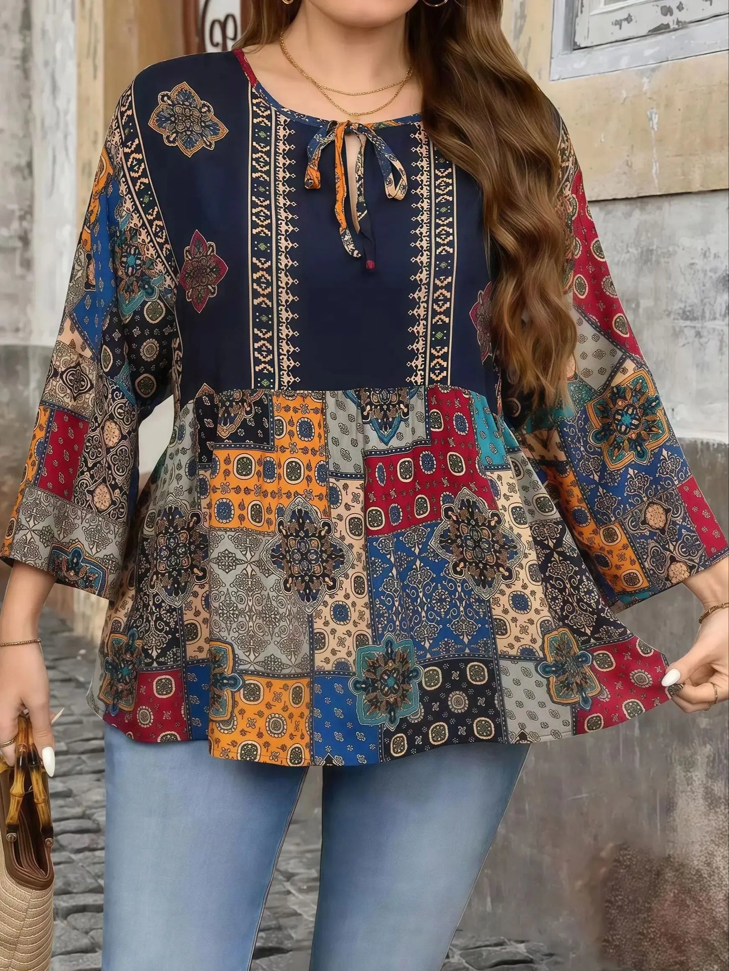 Print V-Neck Tie-Waist 3/4 Sleeve Plus Size Women's T-Shirt - Elegant Ethnic Blouse