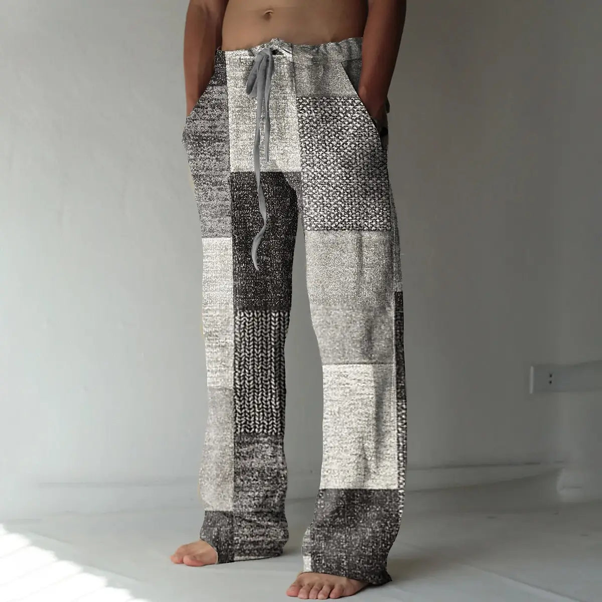 Men's Color Block Geometric Pattern Pants Trousers Mid Waist Drawstring Elastic Waist Casual Outdoor Wide-leg Trousers for Men