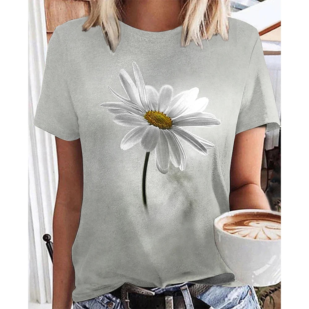 Short Sleeve T-Shirts 3d Flower Print Round Neck