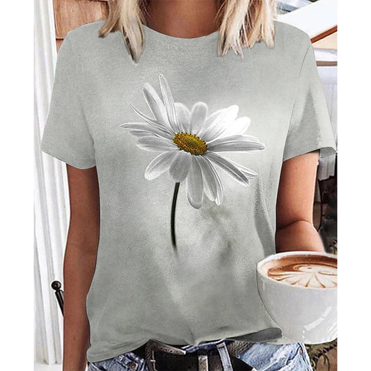 Short Sleeve T-Shirts 3d Flower Print Round Neck