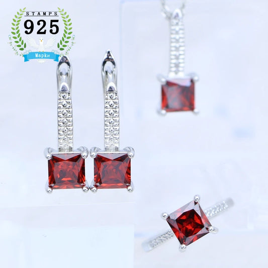 Woman Earrings Ring Pendant Necklace silver Jewelry Square Garnet Red Stone 3Set