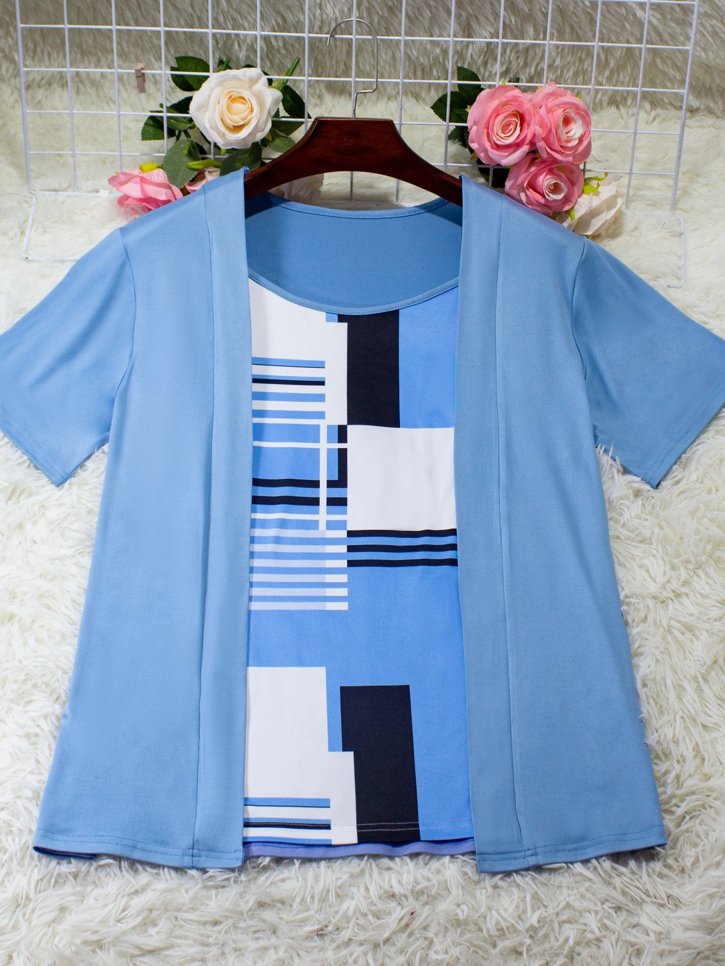 Elegant Geometric Print Mock Two-Piece T-Shirt  Summer Casual Top