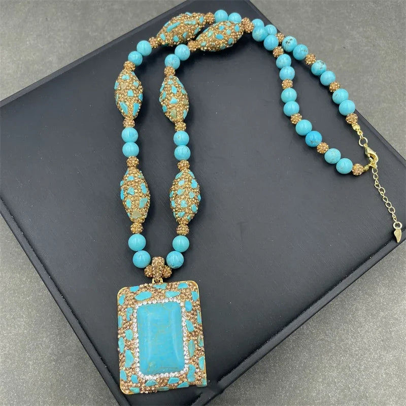 Turkish Natural Blue Gemstone Rhinestone Crystal Necklace Ring Earring Set