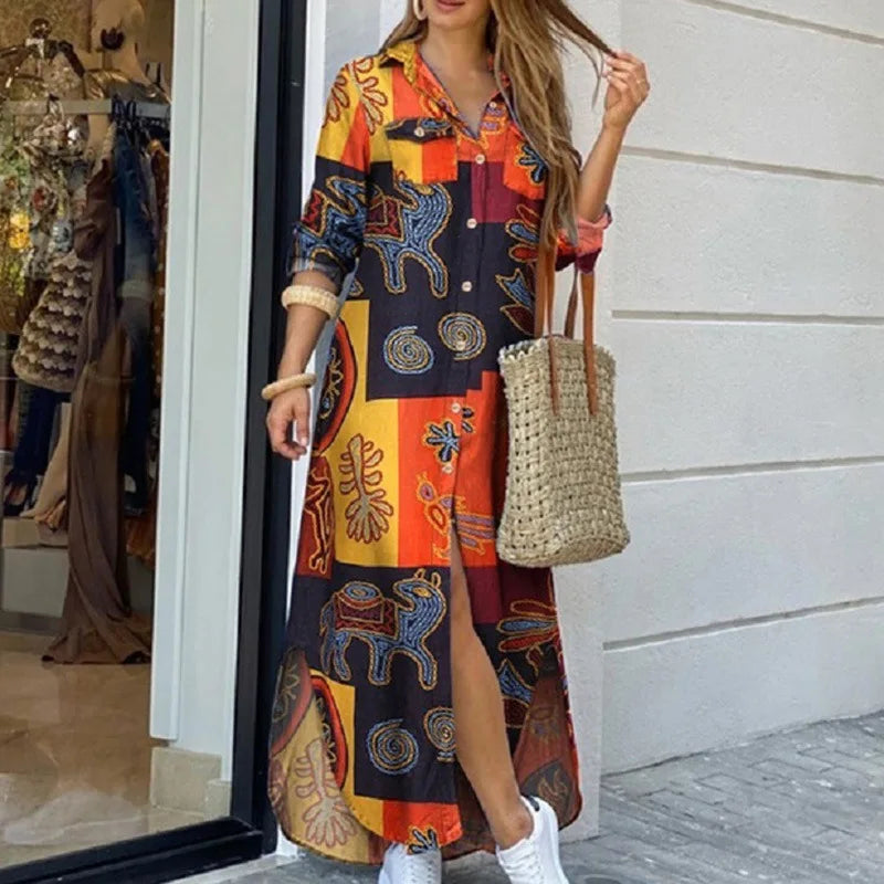 Long Sleeve  Pocket Button Print Shirts Dress