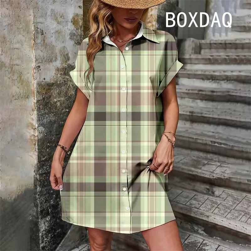 Elegant Vintage Striped Print  Short Sleeve With Button  Dress