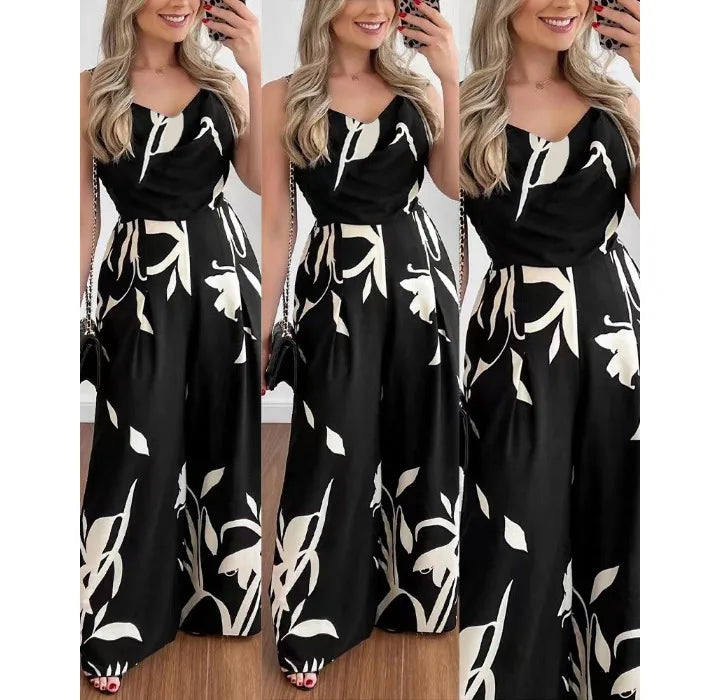 Women's Jumpsuit Overalls Sleeveless V-neck Open Back Wide Leg