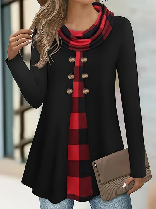 two-piece pleated scarf wild button plus size women's thin long-sleeved T-shirt