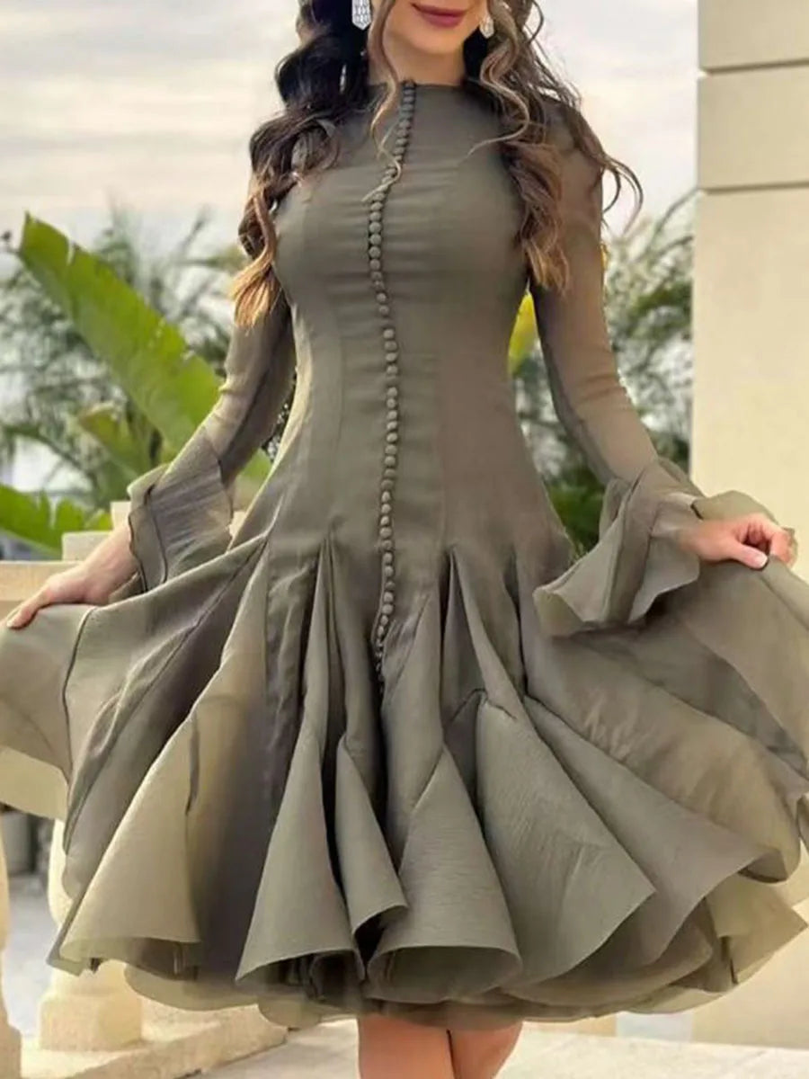 Pleated Patchwork Fashion Long Lantern Sleeve Waist Cinching Mini Dress