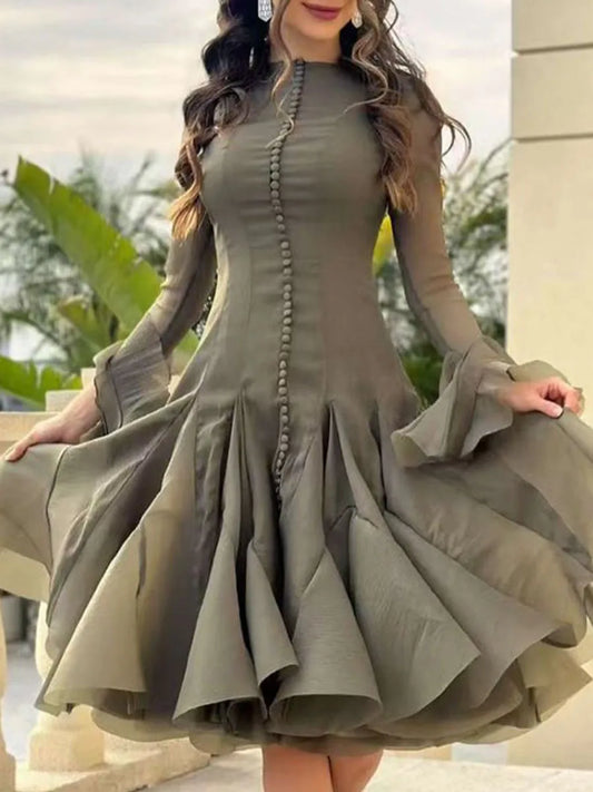 Pleated Patchwork Fashion Long Lantern Sleeve Waist Cinching Mini Dress
