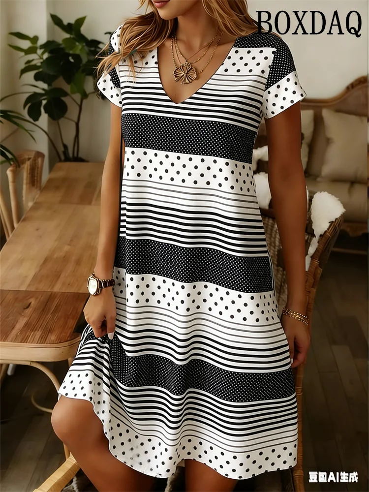 Elegant Fashion Polka Dot Striped Dress Summer Clothing Plus Size Casual V-Neck