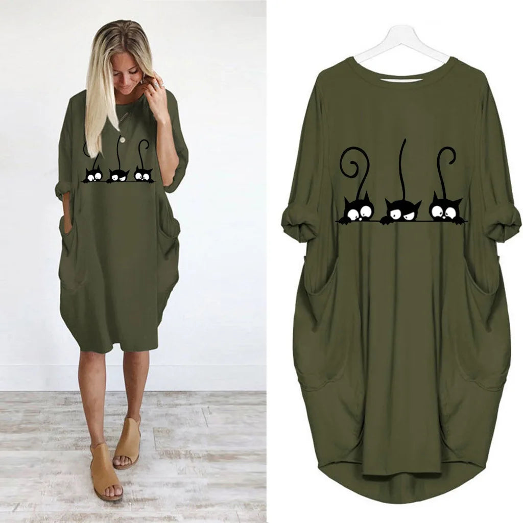 Plus Size Dress Autumn  Winter Casual Round Neck Solid Color Long Sleeve Pocket  Pullove Dress