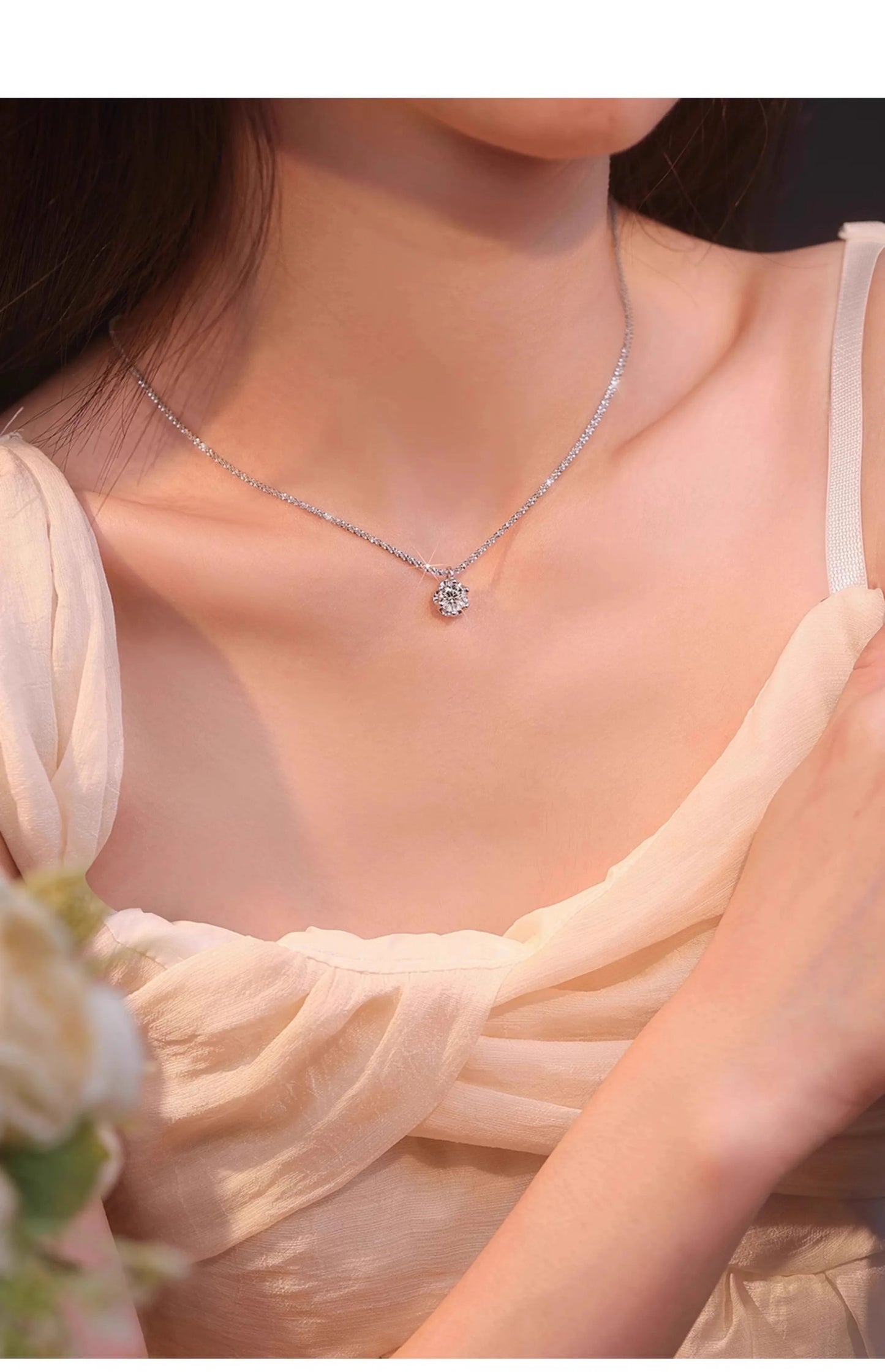Super Sparkly D Color Moissanite Pendant silver chain plated 18K