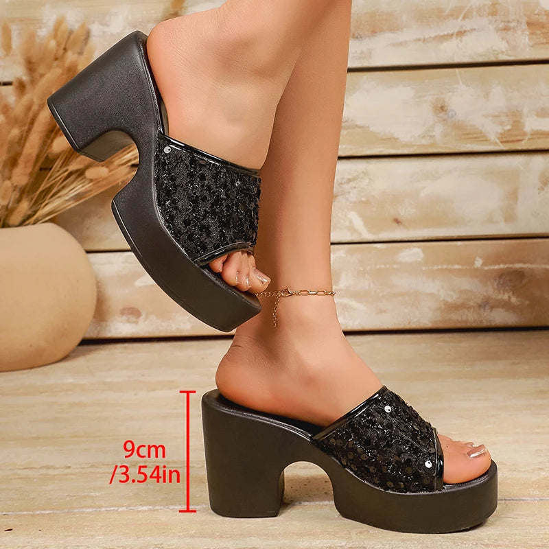 Shiny Sequin Chunky Platform Sandals Women Summer Black High Heels Mule Slippers Plus Size 43