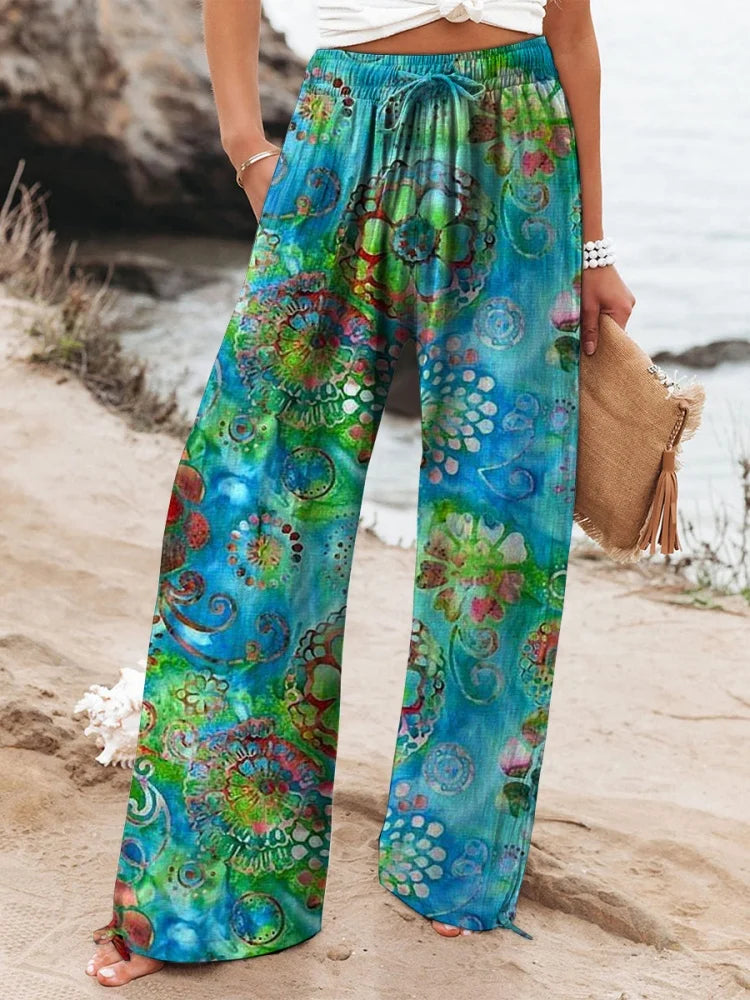 Relaxed-Fit Casual Pants 3D Floral Print Comfortable Breathable Fashionable Wide-Leg Pants