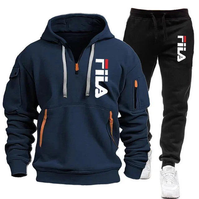 men hooded sweatshirt + Trouser, outdoor multi-pocket men's pullover sportswear set