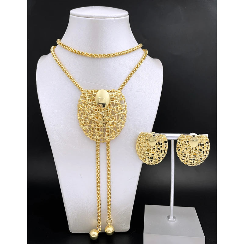 18K Gold Plated Necklace And Earrings Set 85cm Long Chain Jewelry Adjustable Length 3pcs