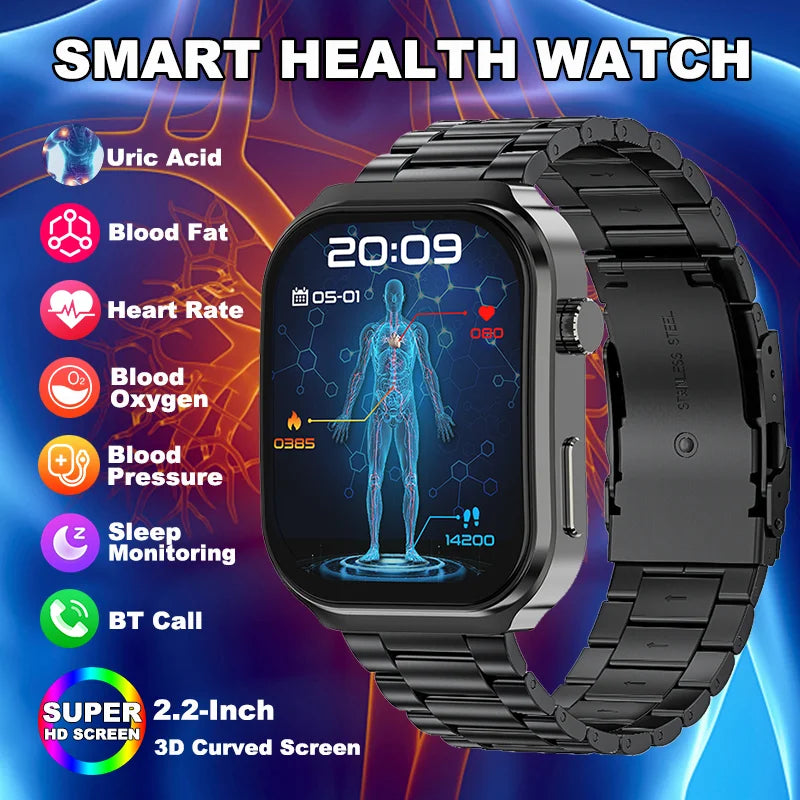 LIGE New AI Healthy Diagnosis Blood Lipids Uric Acid Smart Watch 2.2" Curved Screen Voice Bluetooth Call Health Smartwatch