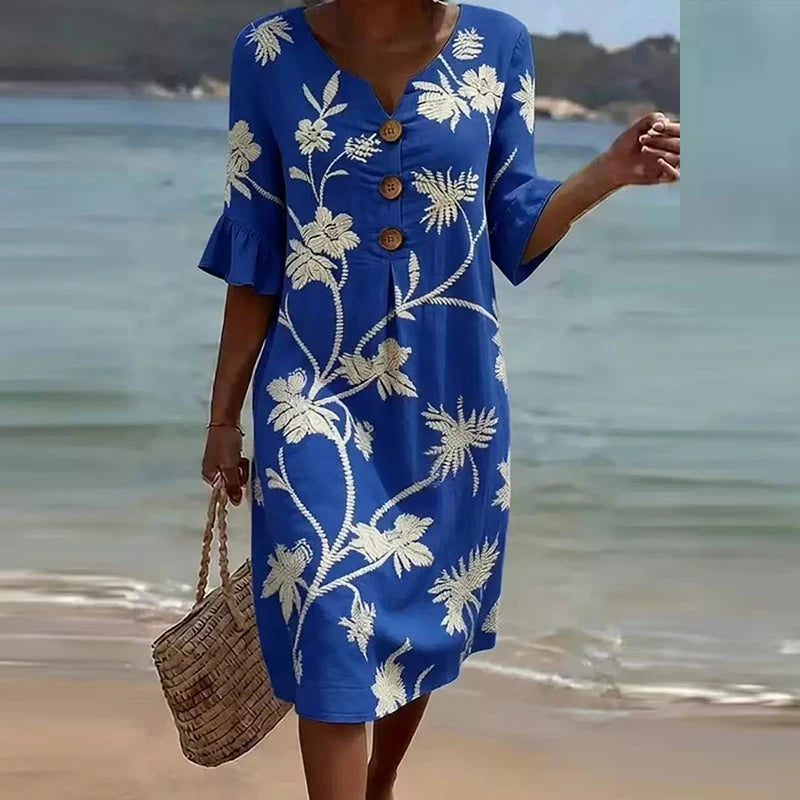 Elegant V Neck Half Sleeve Button Midi Holiday Dress