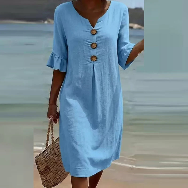 Elegant V Neck Half Sleeve Button Midi Holiday Dress