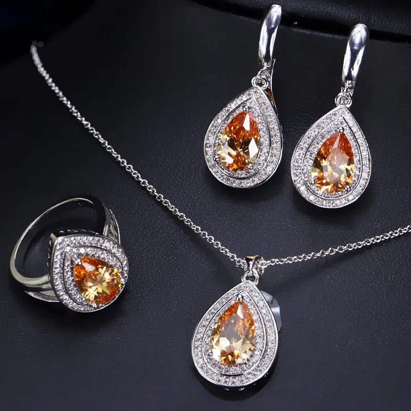 Rings Earrings Necklace 925 Silver Jewelry Set for Women Wedding Party