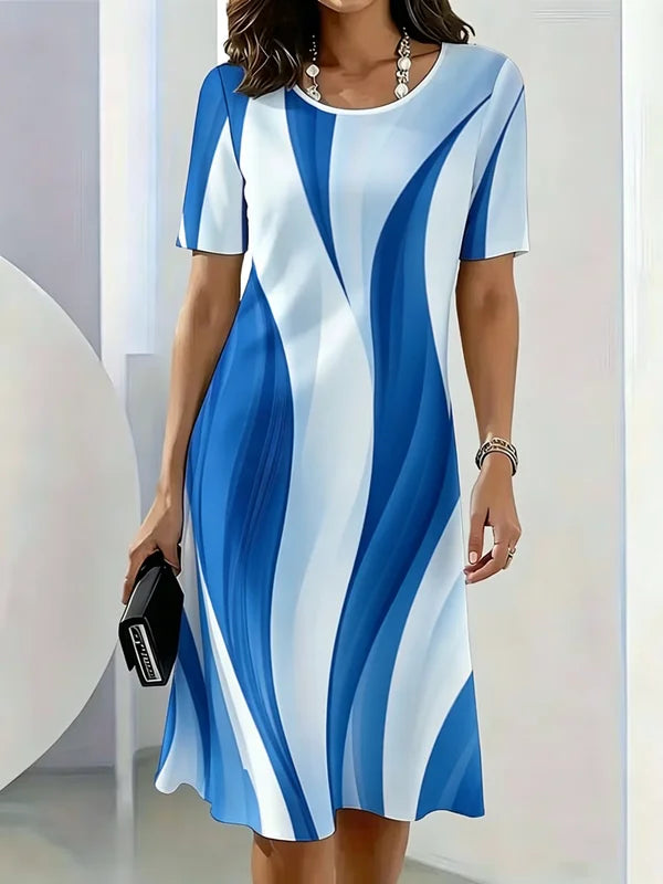 Gradient Striped Pattern Printed Short Sleeve O-Neck Dress