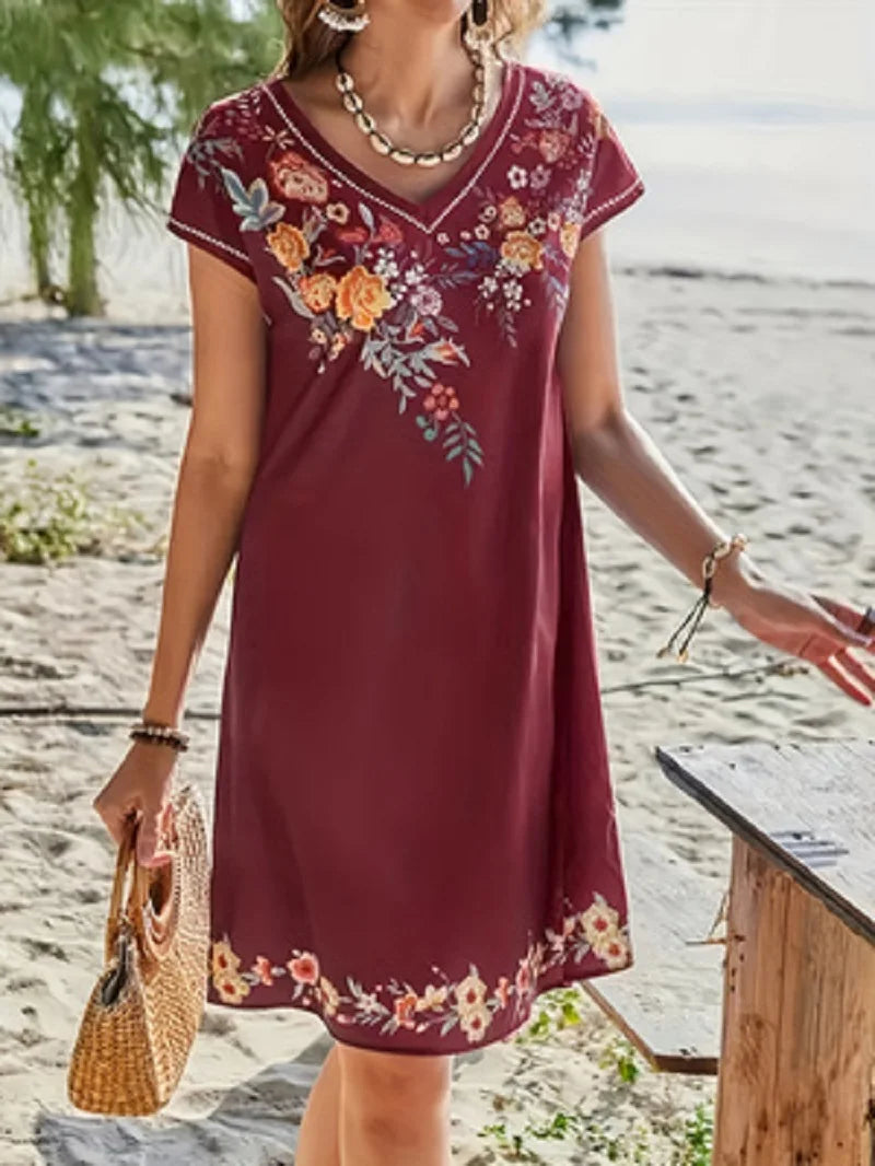 Bohemian Floral Print V-neck Slimming Short-sleeved Straight Dress