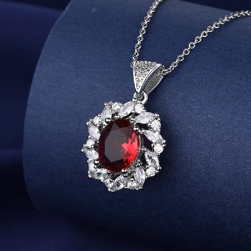Trendy 925 Silver Jewelry Sets Ring Earrings Pendant Necklace with Ruby Zircon Accessories for Wedding Party Gifts