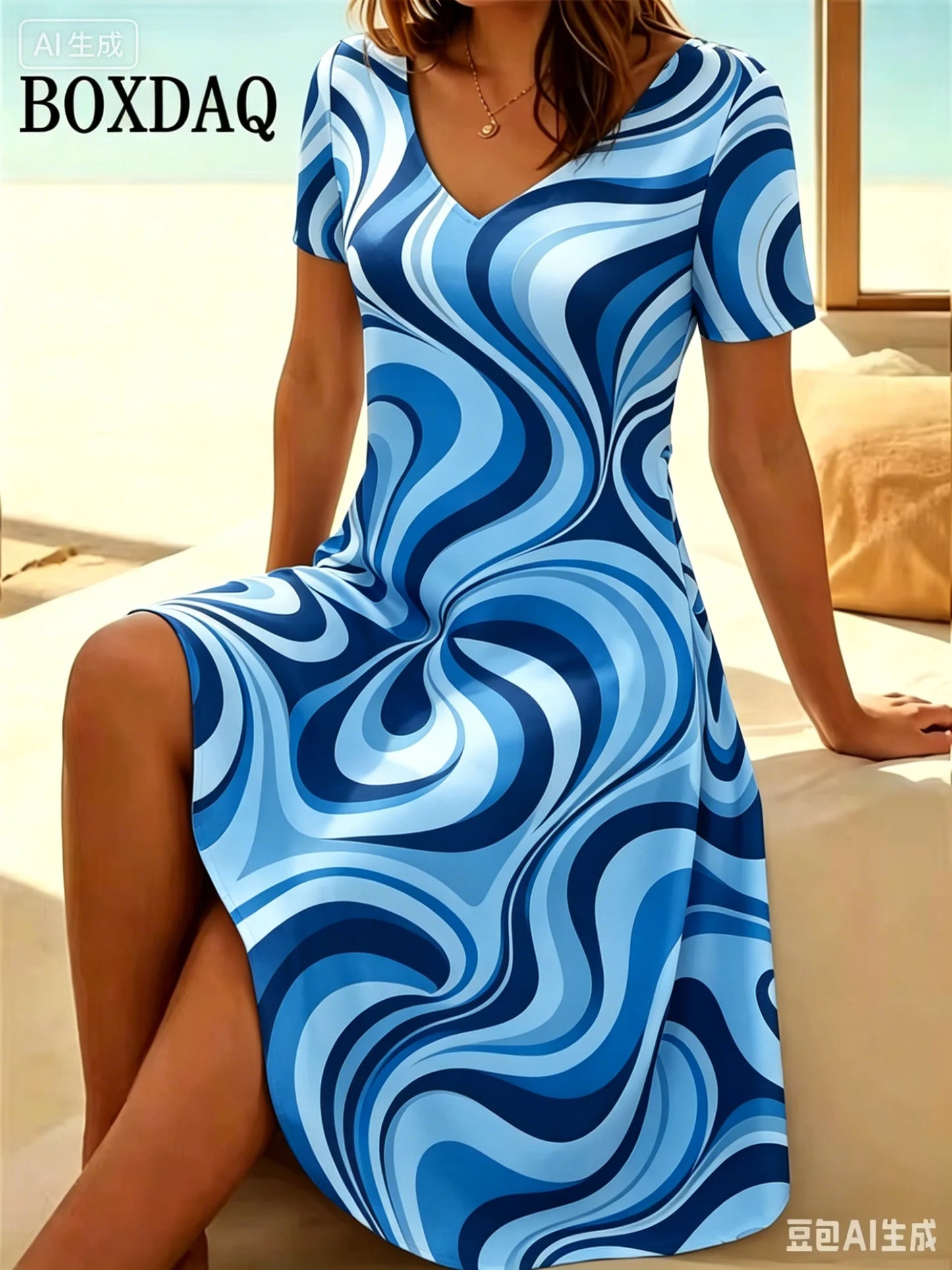 Elegant  Sleeve V-Neck A-Line Dress Summer Fashion