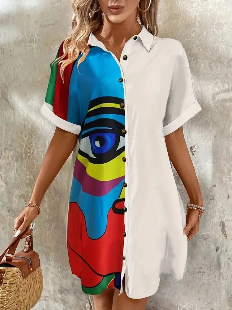 Ladies Short-sleeve Trend Single-breasted Elegant  Dress