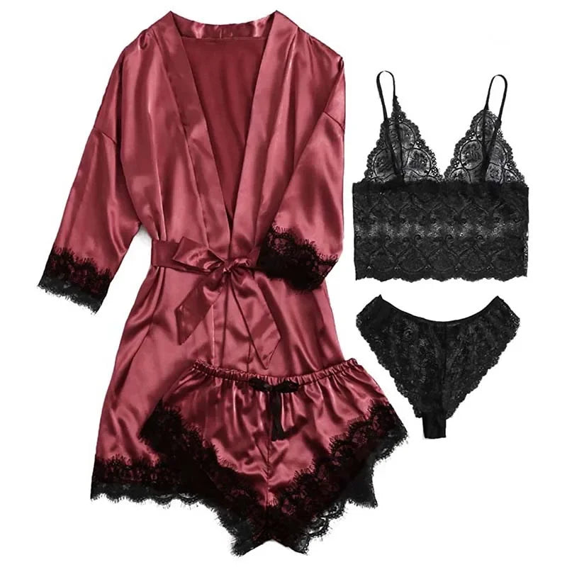 4 Pieces Woman Sleepwear Pijamas  Sexy Lace Lingerie Bathrobe Silk