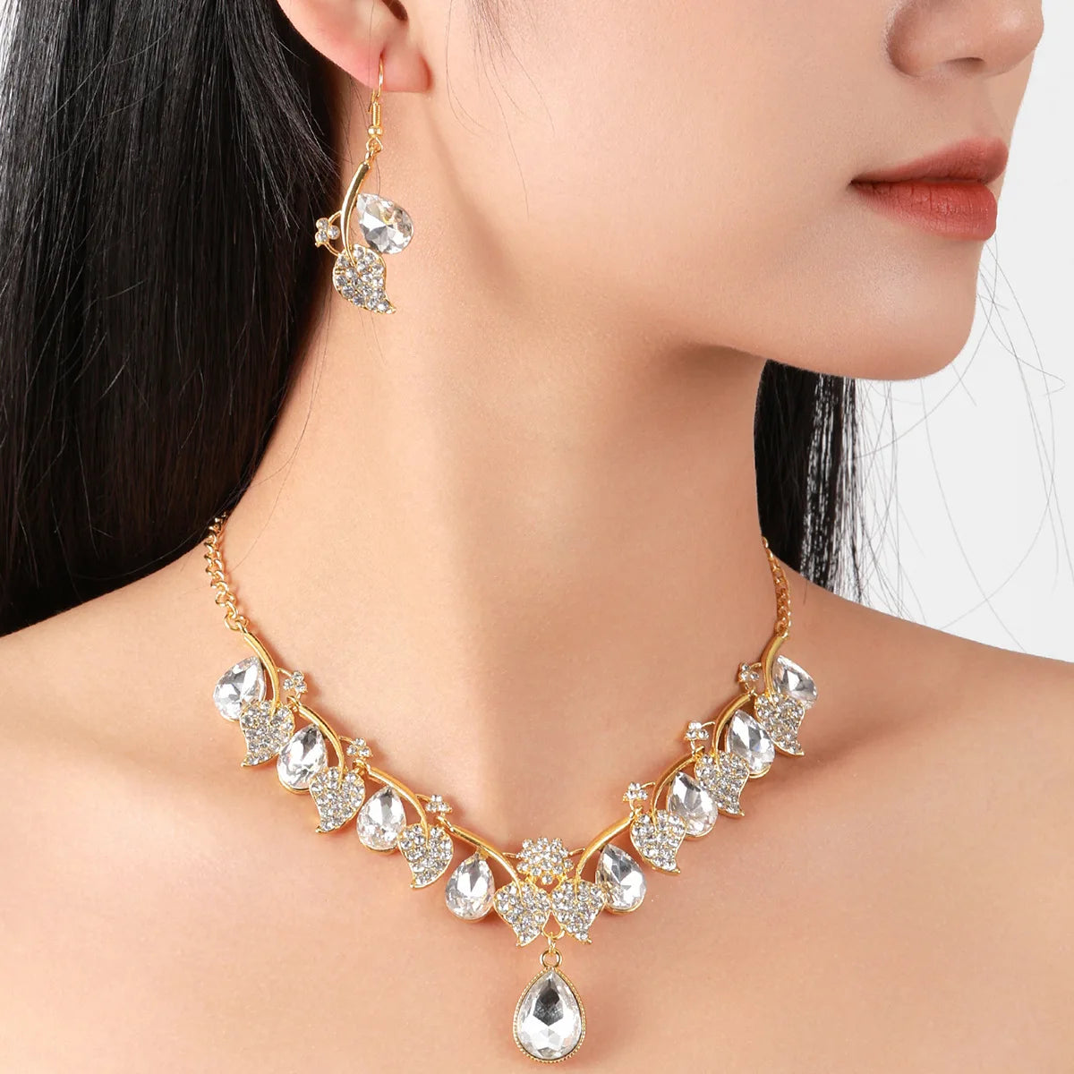 Blue Water Drop Full Diamond Leaf Necklace And Earrings