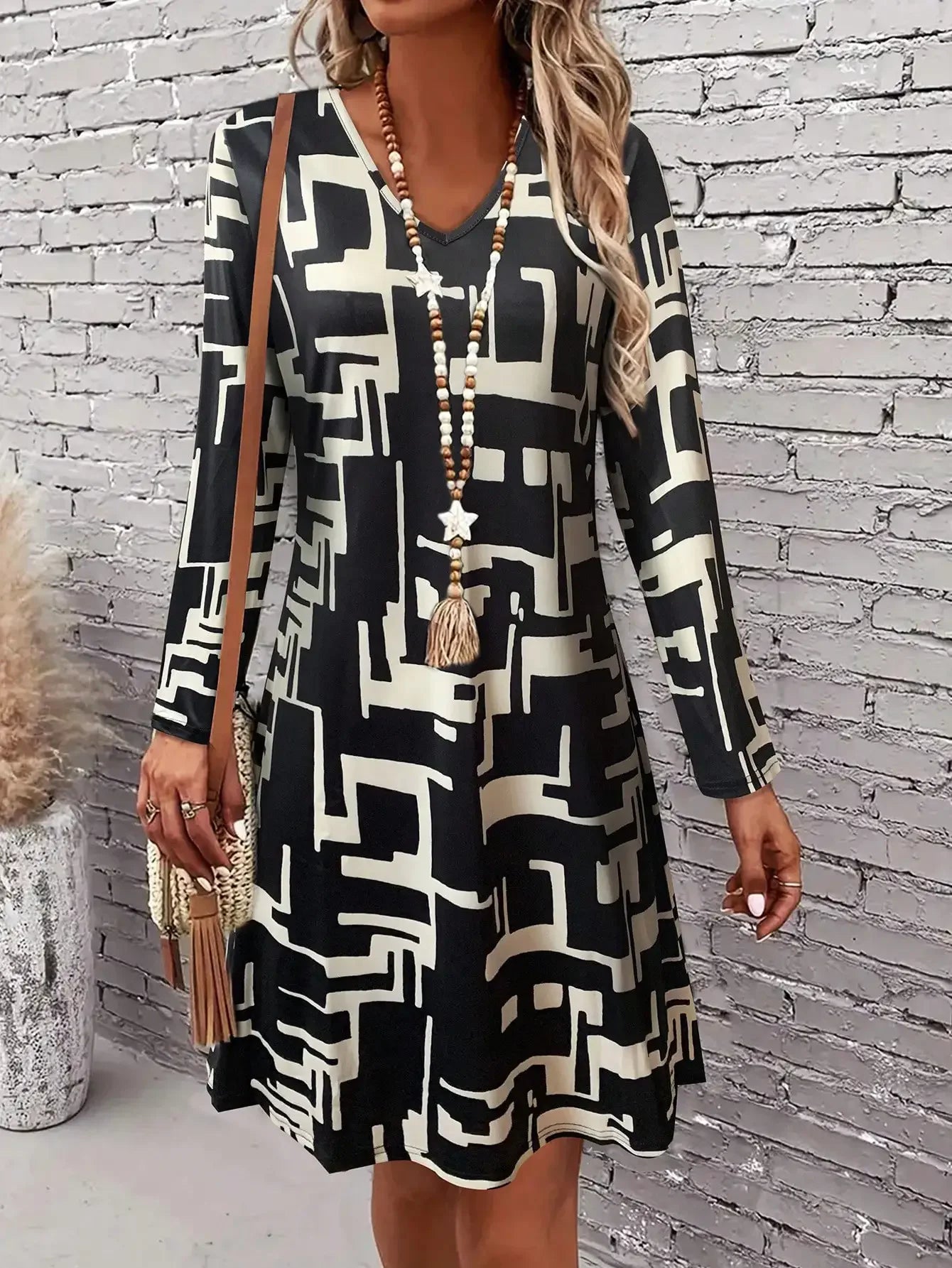 Long Sleeve  Scallop  Mini  V-neck Dress