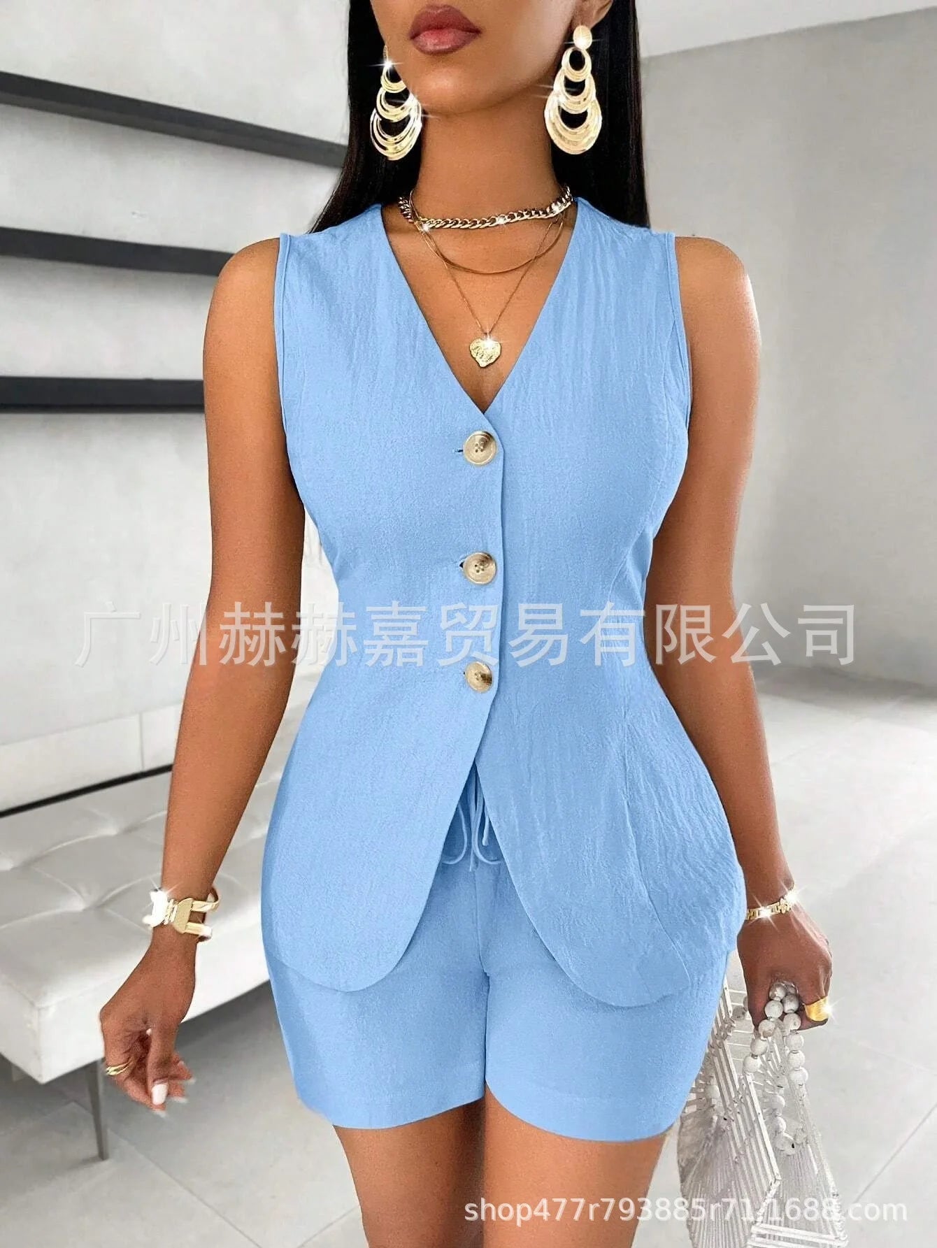 Cotton Linen Shorts Sets Solid Color V-Neck Slim Tops Office Lady Shorts Suits