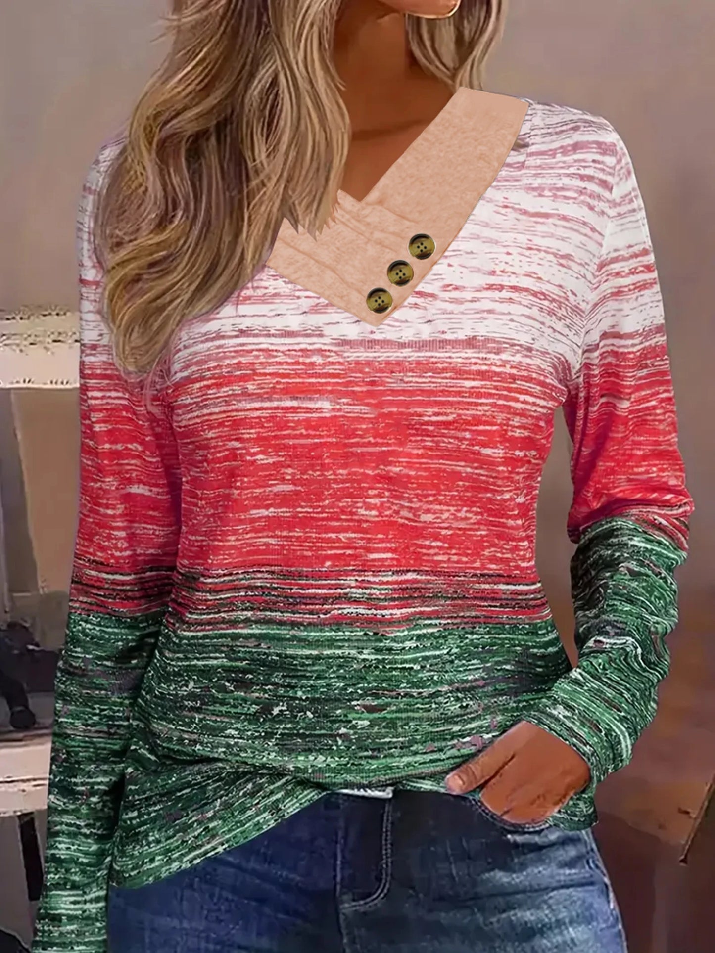 fashion plaid print V-neck button plus size women's long sleeve t-shirt