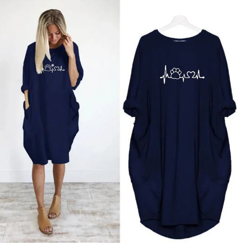 Plus Size Dress Autumn  Winter Casual Round Neck Solid Color Long Sleeve Pocket  Pullove Dress