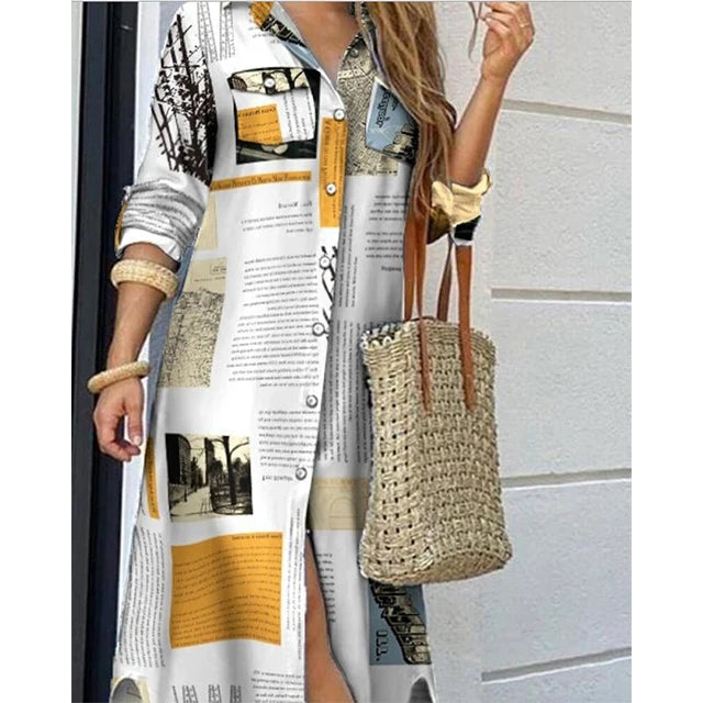 Long Sleeve  Pocket Button Print Shirts Dress