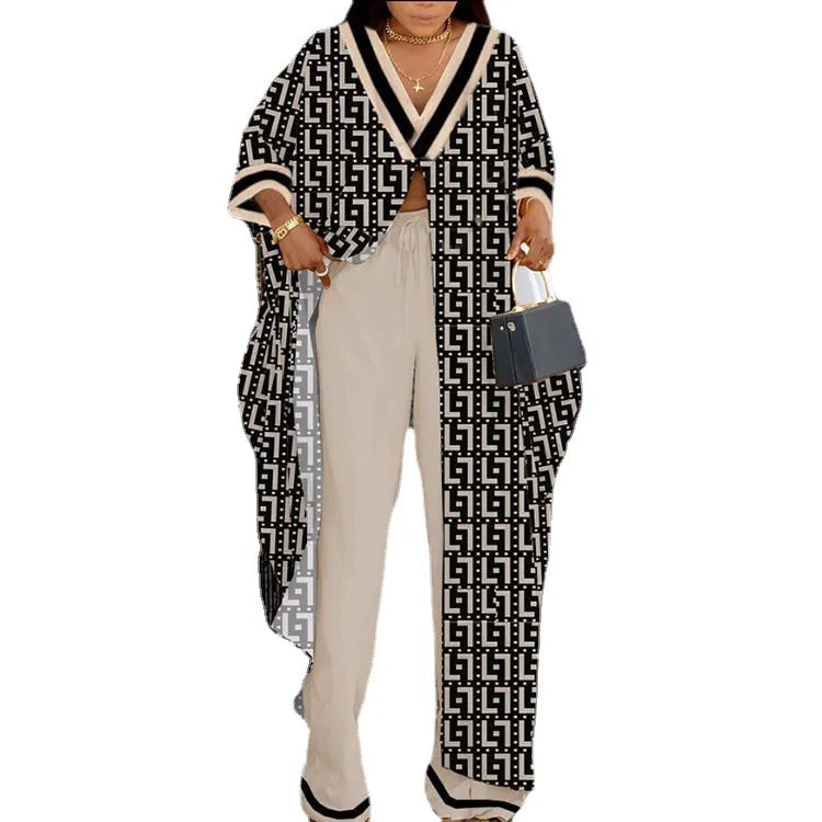 Elegant V-neck Button-up Printed Seven-quarter Sleeve Blouses