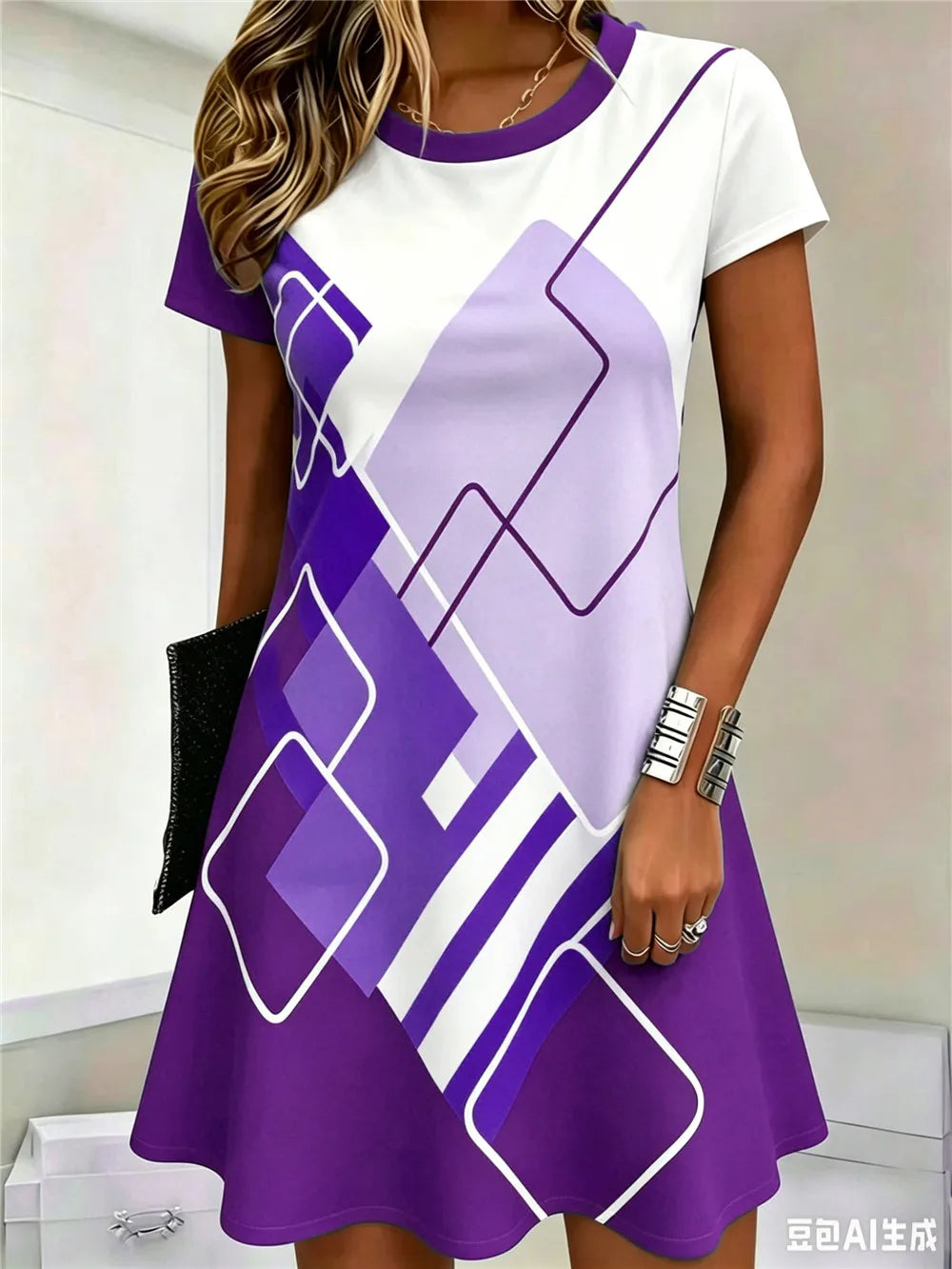 Fashion Striped Plaid Geometric Pattern Women Mini Dress