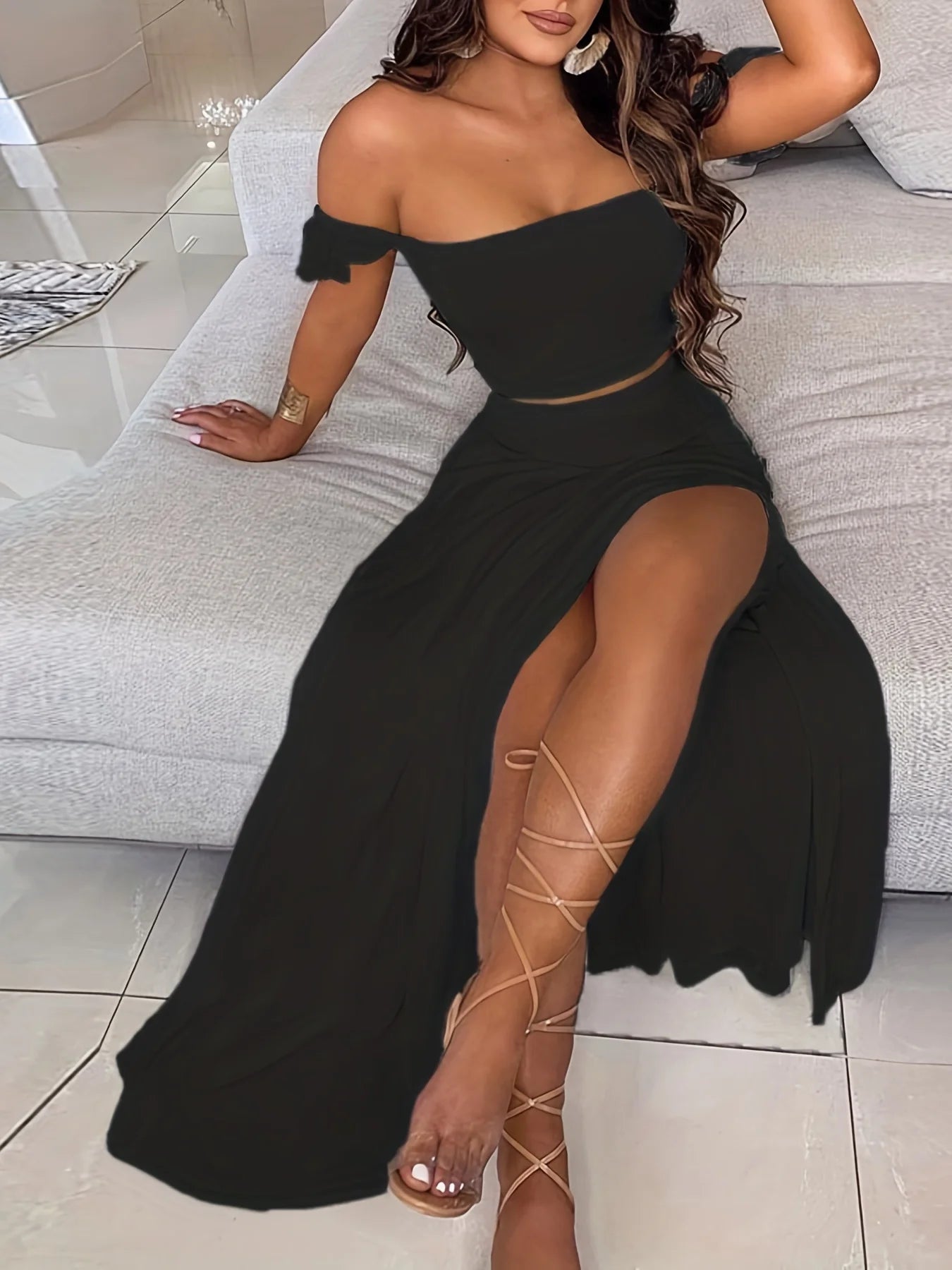 Bohemian Two-piece Set Women's Off-shoulder Elastic Solid Color Vest With feather Print High Waist Slit Skirt Set