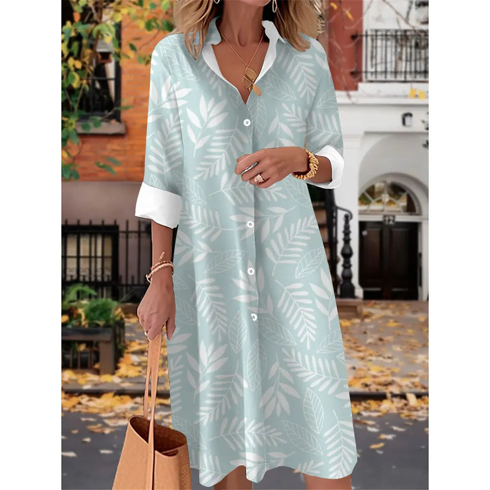 Printed V Neck Long Sleeves Button Sexy  Beach and Party Dress