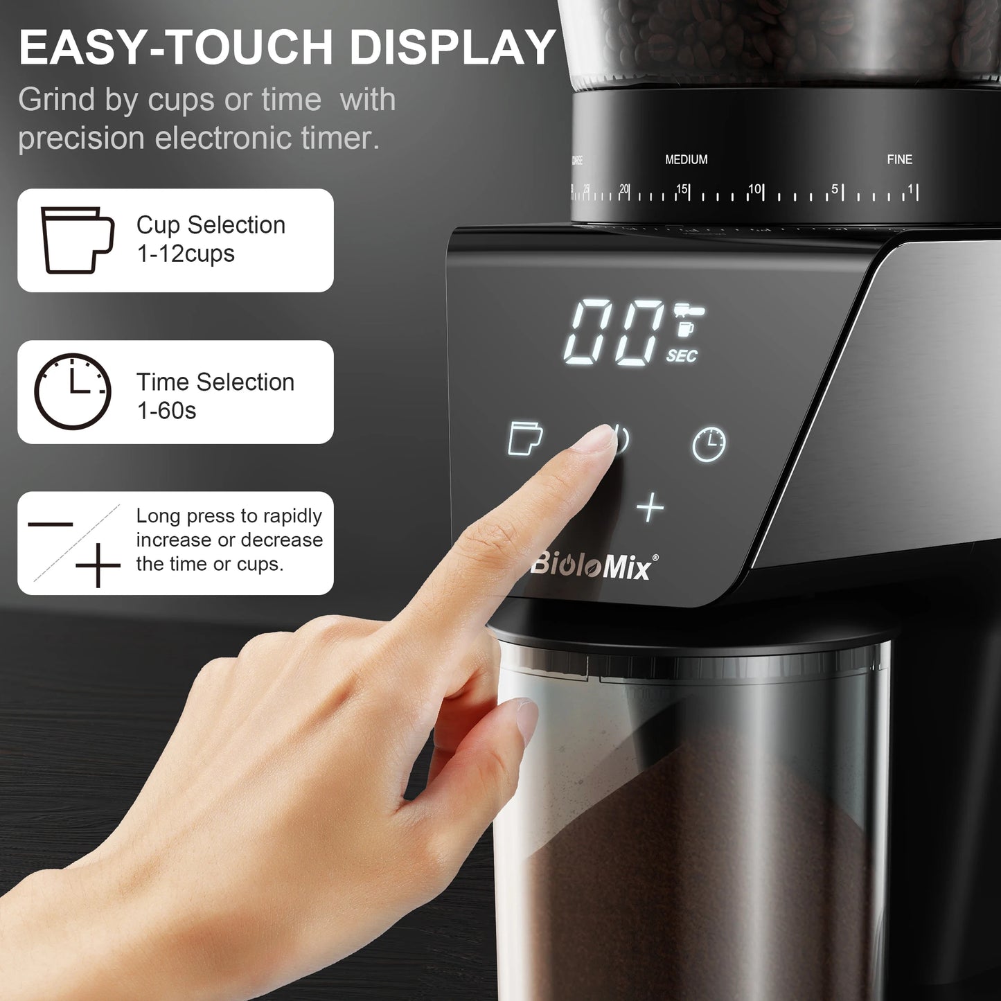 BioloMix Electric Coffee Grinder with Magnetic Ring - 30 Precise Grind Settings for Espresso, American, and Pour Over Coffee, Au
