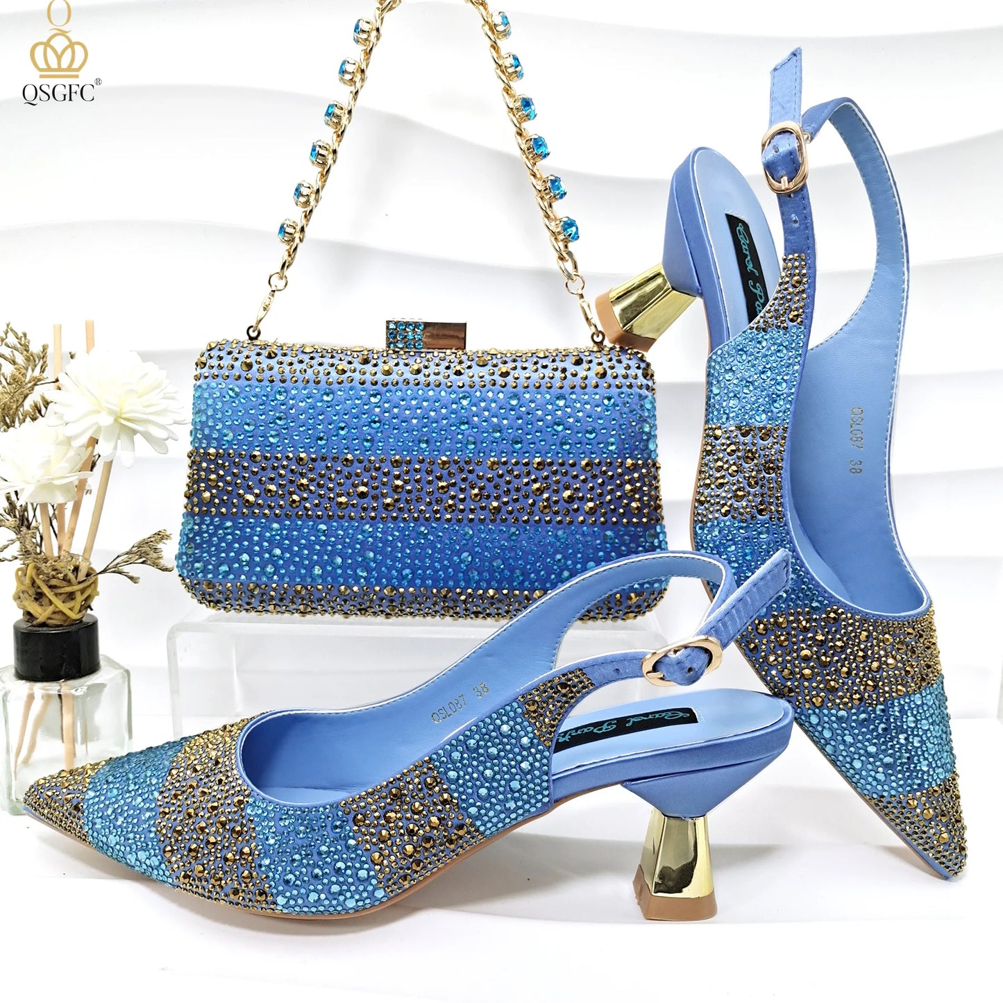 Italian Design Green Shoes And Bag Set Decorated with Rhinestone Handbag Wedding Party