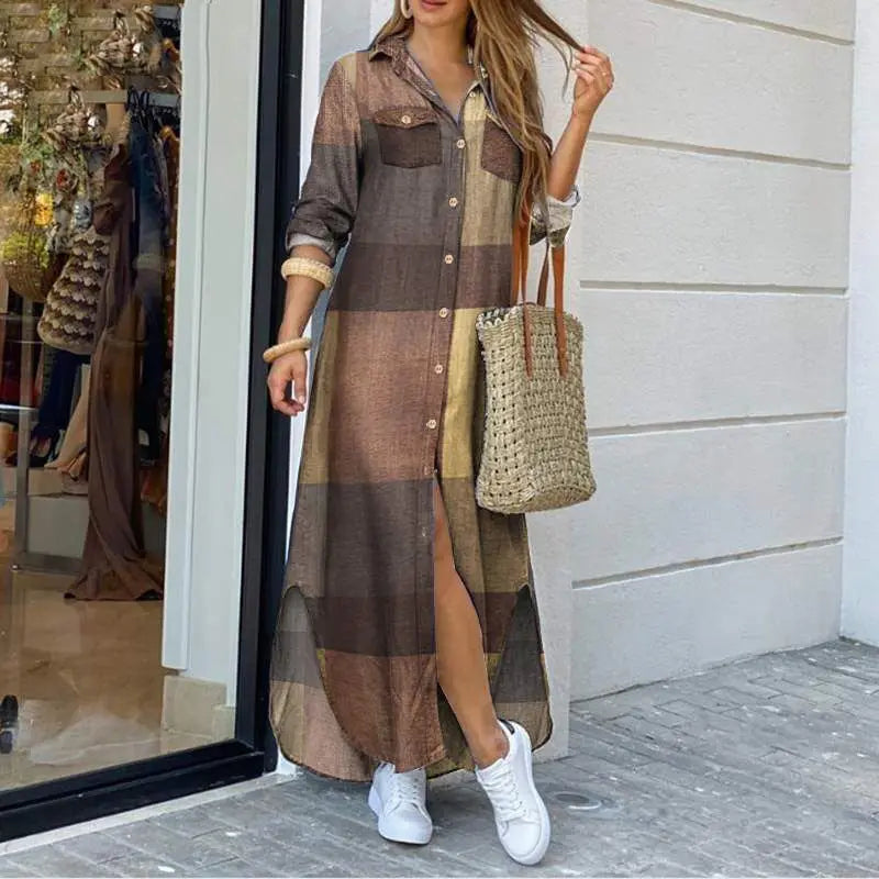 Long Sleeve  Pocket Button Print Shirts Dress