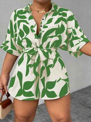 Casual Front Snap Shirt Collar Short Sleeve Printed Overalls with Bow Ties