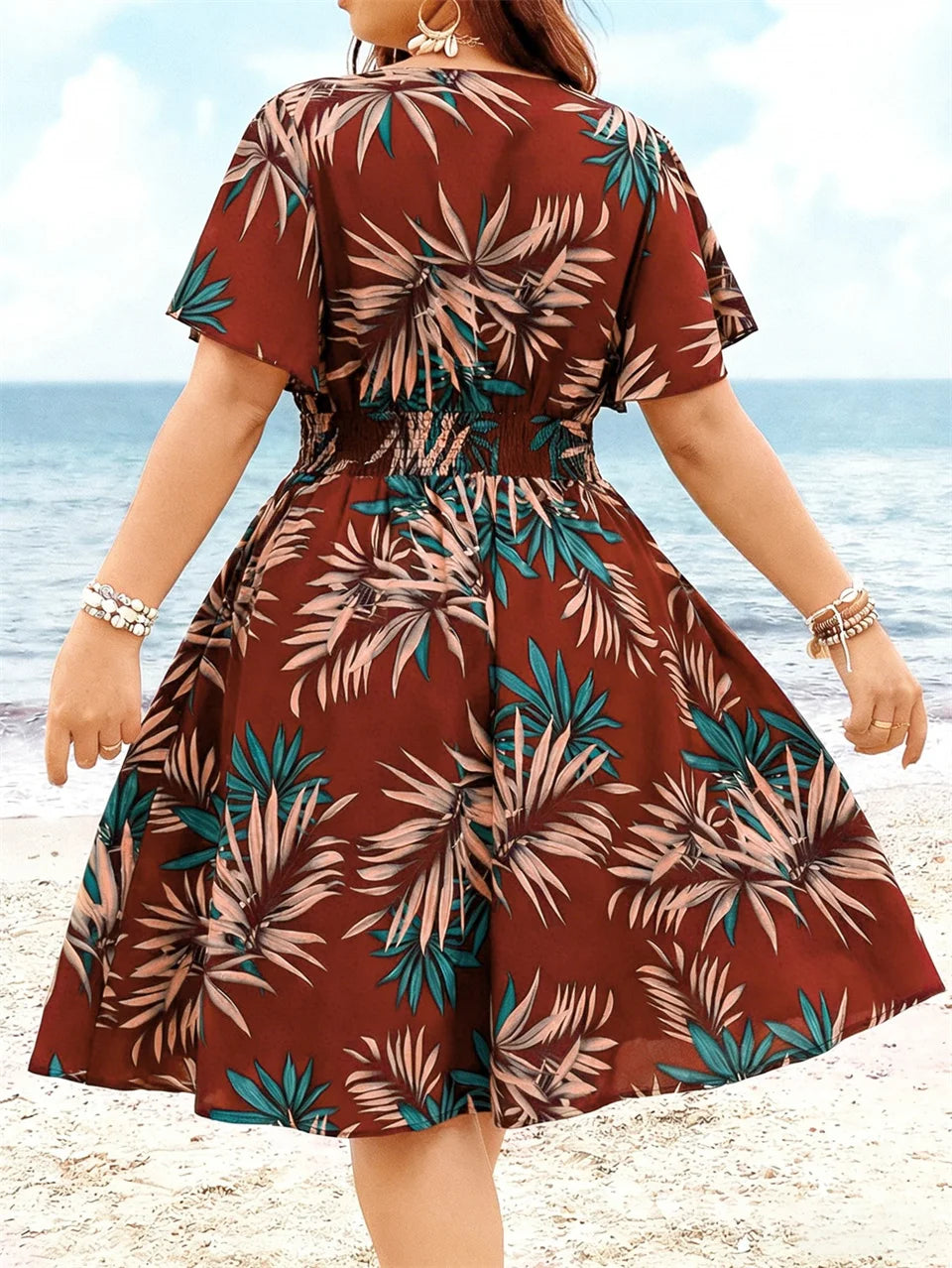 Tropical Print V-Neck Butterfly Sleeve Dress