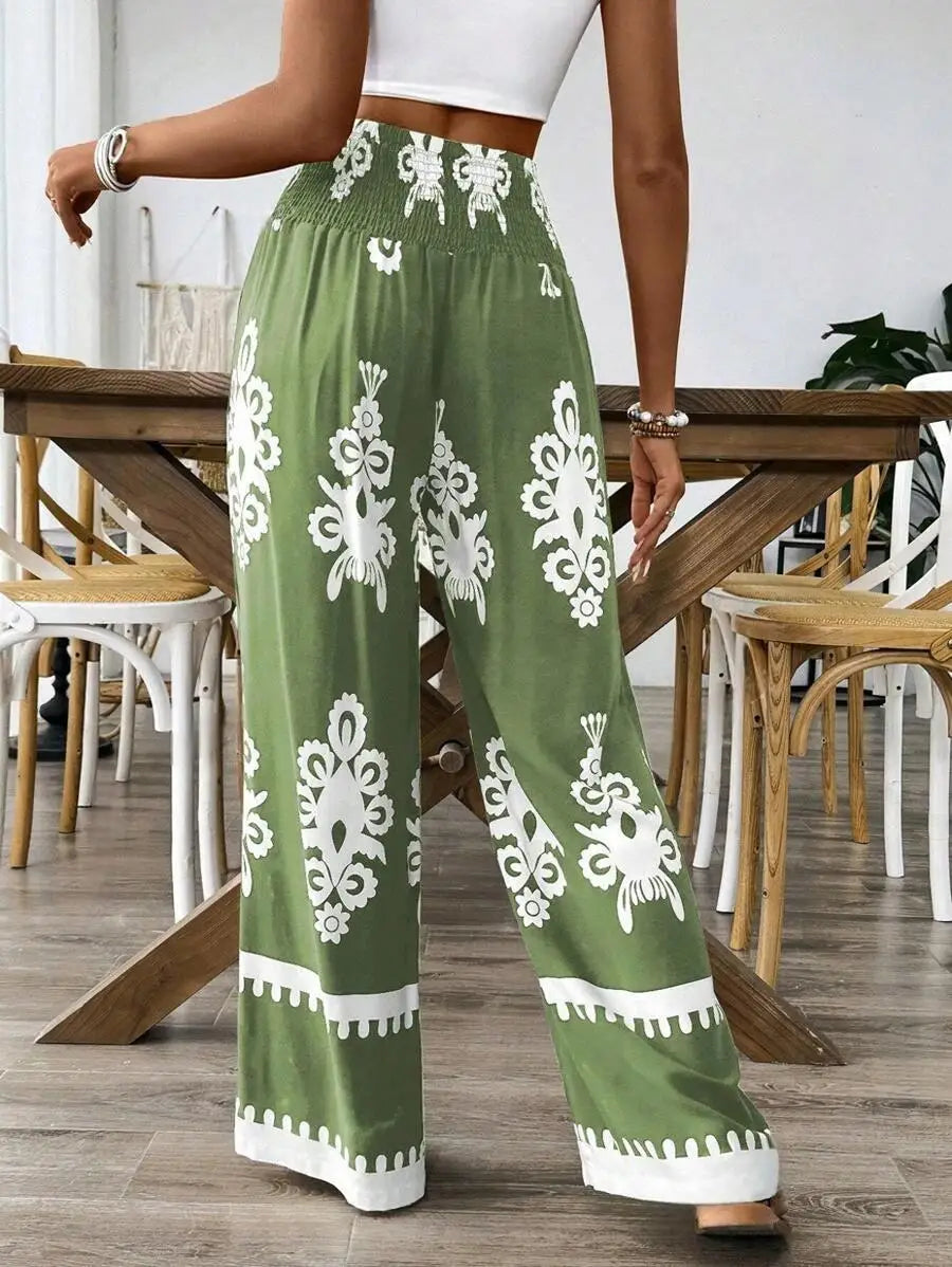 Fashionable High Waist Printed Wide Leg Casual Pants Spring Summer