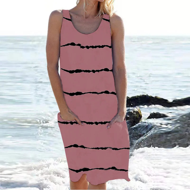 Stripe Print Pocket Sleeveless Knee Vacation And Party Dress