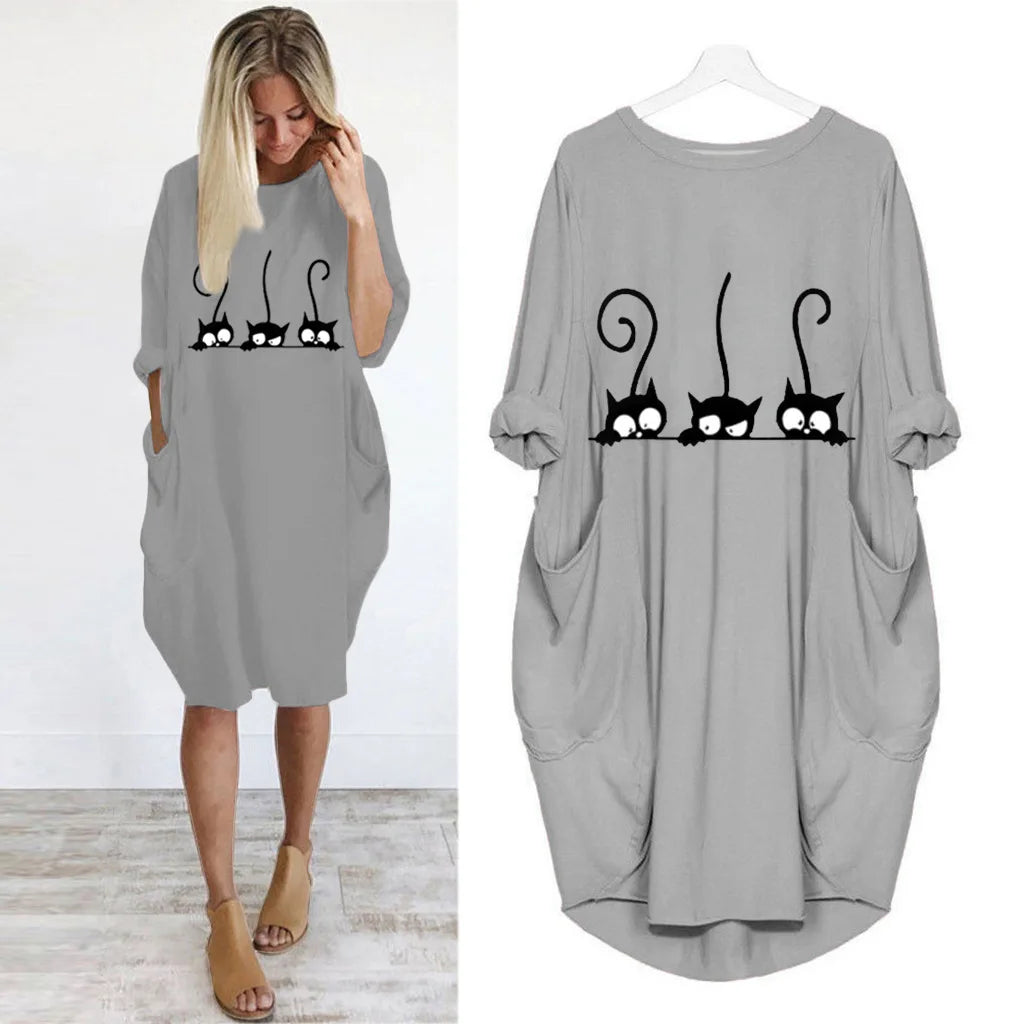 Plus Size Dress Autumn  Winter Casual Round Neck Solid Color Long Sleeve Pocket  Pullove Dress