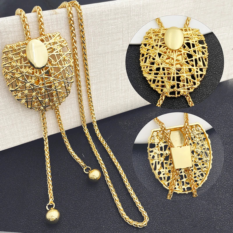 18K Gold Plated Necklace And Earrings Set 85cm Long Chain Jewelry Adjustable Length 3pcs